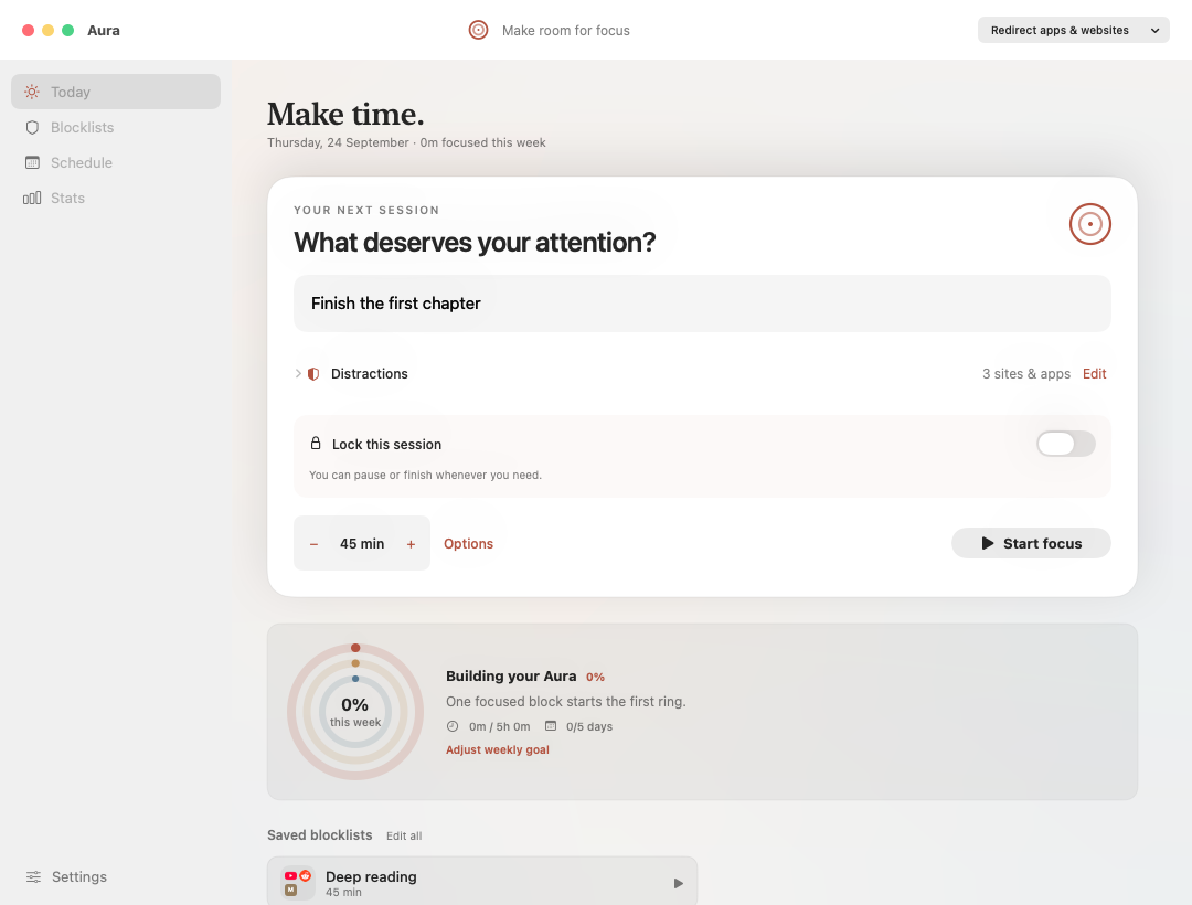 Upcoming Aura interface: intention, duration and distraction controls. This is not the currently downloadable interface.